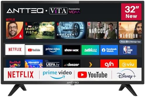 Antteq AV32 Fernseher 32 Zoll (80 cm) Smart TV mit Netflix, Prime Video, Rakuten TV, DAZN, Disney+, YouTube, UVM, WiFi, Triple-Tuner DVB-T2 / S2 / C, Dolby Audio 2024