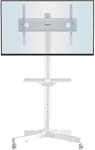 BONTEC Mobiler TV Ständer auf Rollen für 23-60 Zoll Plasma/LCD/LED Fernseher, Tragbarer TV Ständer mit Tablett, Höhenverstellbares Rollbarer TV Wagen bis zu 25kg, max. VESA 400x400mm (Weiß)