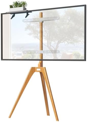 PUTORSEN TV Ständer im Staffelei Design für TV 45-65 Zoll, TV Stativ Buchenholz mit Medienablage, 45 Grad schwenkbar, max. VESA 400 x 400 mm und Belastung bis 40KG