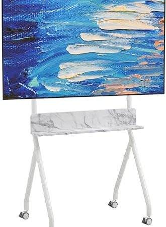 ETHU Mobiler TV Ständer Rollbar,kompatibel mit 40–86 Zoll, Höhenverstellbar TV Standfuss mit Holzablage & Metallstruktur, belastbar 40 kg, Für Geschäft Büro Schule Heim(Weiß)