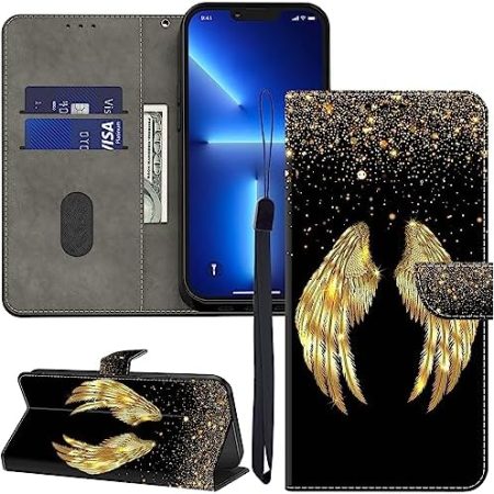 GLANDOTU Lederhülle für Xiaomi Mi 10T Lite Hülle, Kartensteckplätzen Muster Flip Motive Wallet Handyhülle Tasche Case Schutzhülle Kompatibel mit Mi 10T Lite Hülle - Goldene Flügel