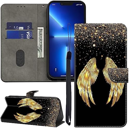 GLANDOTU Lederhülle für Xiaomi Mi 10T Lite Hülle, Kartensteckplätzen Muster Flip Motive Wallet Handyhülle Tasche Case Schutzhülle Kompatibel mit Mi 10T Lite Hülle - Goldene Flügel