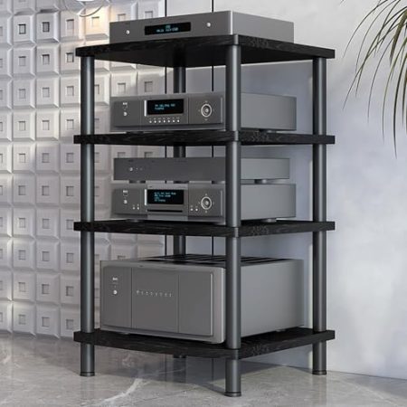 JIAOCKJIAO Audio Rack Hi Fi Regal, Rahmen aus Kohlenstoffstahl, Offenes Record Player Stand, Modernes TV Rack, Hölzerner Phonoschrank, für DVD-Player, TV-Zubehör(Nero,4 Tier 60x54x89CM)