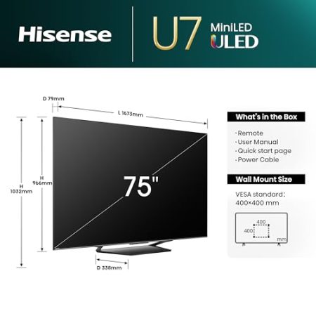 Hisense 75U7NQ 189cm (75 Zoll) Fernseher, 4K Mini LED ULED HDR Smart TV, Quantum Dot, 120Hz/ 144Hz VRR, HDMI 2.1, Game Mode Pro, Dolby Vision IQ & Atmos, Bluetooth, Alexa Built-in, Anthrazit, [2024]