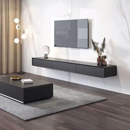 Wandmontierter schwebender TV-Schrank mit 3 herunterklappbaren Türen, moderne Unterhaltungs-Medienkonsole, Zentrum für Wohnzimmer, kleines Zuhause, schwimmende TV-Einheit mit schwebendem Regal, großer