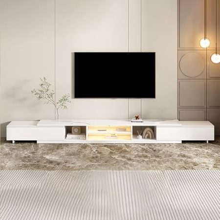 JIAOCKJIAO Ausziehbarer TV Schrank, Fernsehtisch aus Felsplatte, Einziehbare Fernsehschrank, Kabelloch-Design, Modernes TV Board mit Stauraum, 2 Große Schubladen, for Wohnzimmer(Wit)