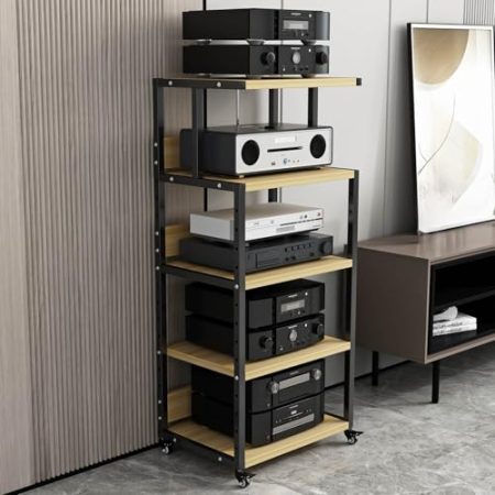 JIAOCKJIAO Beweglicher Audio Rack Hi Fi Regal, Phonoschrank mit Verstellbaren Regalen, Offener Record Player Stand, Verdickter Stahlrahmen, für Player, TV-Zubehör(Natural,5 Tier 50x40x104CM)