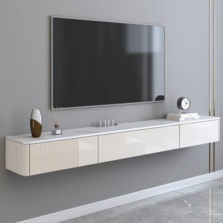 HOLGVE TV Schrank, Schwebender Wandmontierter Fernsehtisch, Steinplatten-Arbeitsplatte, Entertainment-Center, Kleine Fernsehschrank Mit Türen, for Wohnzimmermöbel(Wit)
