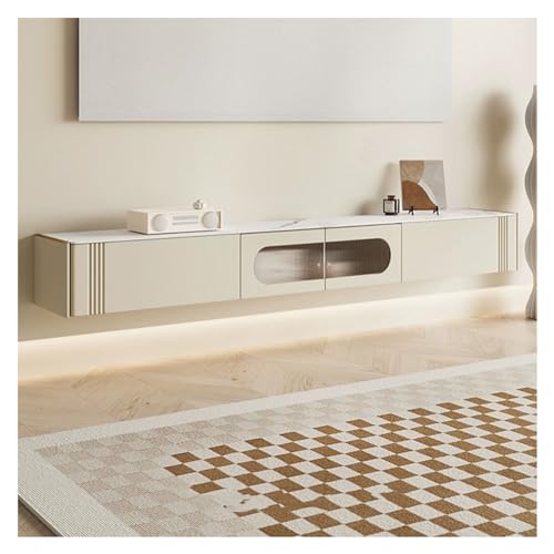 XXAD553TY Fernsehtisch Moderner schwebender TV-Schrank mit Tür und 2 Schubladen, schmaler TV-Ständer, wandmontierter schwebender Ständer for Fernseher, 78,7 Zoll, Cremeweiß TV Board