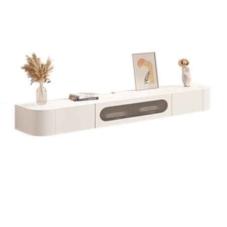 TV Schrank Hängend Schwebender TV-Ständer aus Holz mit Glastür, modernes wandmontiertes Entertainment-Center mit 2 Schubladen, komplett montiert, 63"/70,8''/78,7'' TV Lowboard Hängend(Weiß,180*20*24cm