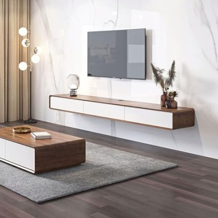 TV Board hängend Kleine schwebende TV-Einheit for den Haushalt, an der Wand montierter TV-Schrank, schwebende Regale mit 3 herunterklappbaren Türen, modernes Entertainment-Media-Konsolenzentrum, große