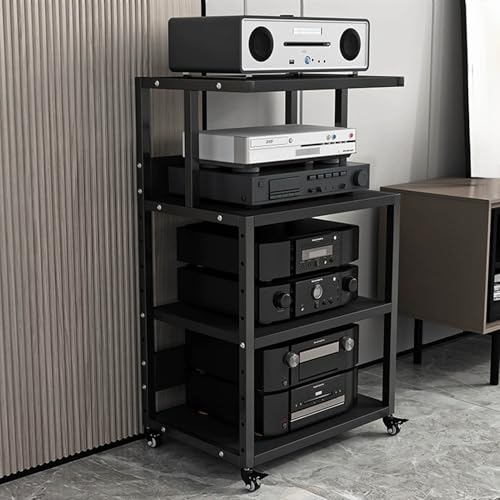 JIAOCKJIAO Beweglicher Audio Rack Hi Fi Regal, Phonoschrank mit Verstellbaren Regalen, Offener Record Player Stand, Verdickter Stahlrahmen, für Player, TV-Zubehör(Nero,4 Tier 50x40x84CM)