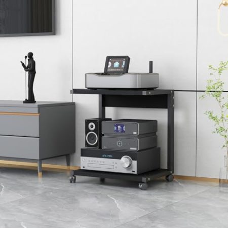 HPTHLY Beweglicher Medienständer mit 2 Ebenen, multifunktionales offenes Lagerregal für DVD-Player/TV-Boxen/Spielekonsolen/TV-Zubehör, Audio-Video-Stereo-Komponentenschrank
