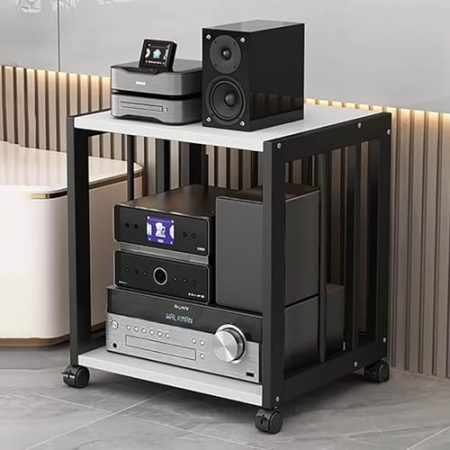 JIAOCKJIAO Audio Rack Hi Fi Regal, Hi Fi Rack mit Verstellbaren Regalen, Beweglicher Phonoschrank, Stabile Stahlrahmenkonstruktion, für DVD-Player, Projektor, TV-Zubehör(Black+White,2 tier 50x40x49CM)