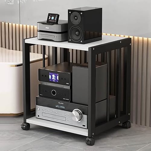 JIAOCKJIAO Audio Rack Hi Fi Regal, Hi Fi Rack mit Verstellbaren Regalen, Beweglicher Phonoschrank, Stabile Stahlrahmenkonstruktion, für DVD-Player, Projektor, TV-Zubehör(Black+White,2 tier 50x40x49CM)