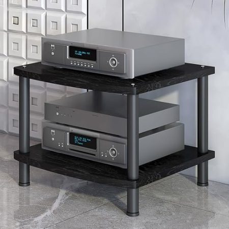 JIAOCKJIAO Audio Rack Hi Fi Regal, Rahmen aus Kohlenstoffstahl, Offenes Record Player Stand, Modernes TV Rack, Hölzerner Phonoschrank, für DVD-Player, TV-Zubehör(Nero,2 Tier 60x54x44CM)