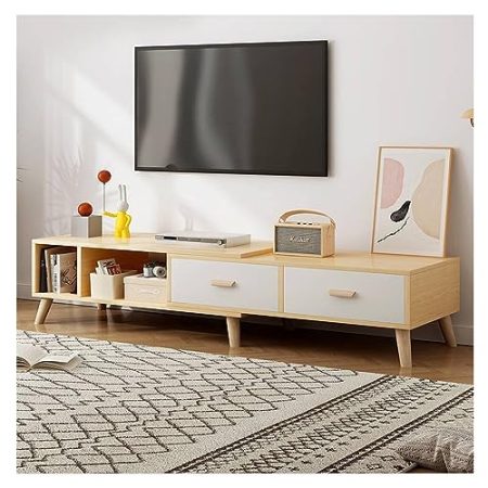 WhYaTT TV-Schrank, Lowboard, Fernsehtisch mit 2 Schubladen, offenen Fächern, Unterschrank, Entertainment Center, aus Holz, Massivholz, für Wohnzimmer,Weiß