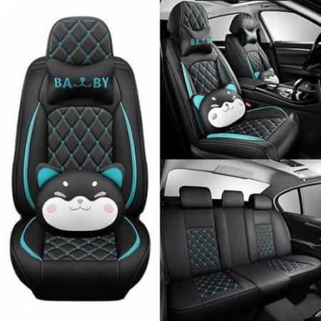 YoQIK Auto Sitzbezügesets für Opel Tigra TwinTop B 2004-2009,Leder Vorne Hinten Auflagen Sitzschoner Komfortabel Verschleißfest Innenraum Autozubehör,Cartoon-C-Black-Blue