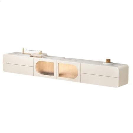 HOLGVE Schwebender TV Schrank, Mit LED-Beleuchtung, Fernsehtisch, Hohlrückwand, Fernsehschrank mit Schubladen, Montierter TV Board mit Schubladen, for Wohnzimmer Weiß