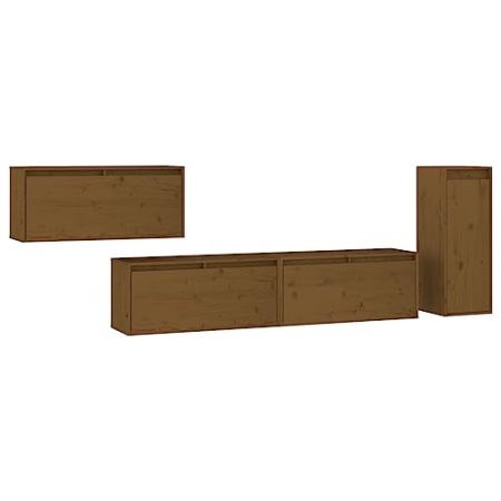 GaRcan 4 x TV-Schränke aus massivem Kiefernholz, schwebendes Wandregal, TV-Ständer, Hängeaufbewahrung, Wohnzimmerschrank, Unterhaltungszentrum (Honigbraun)