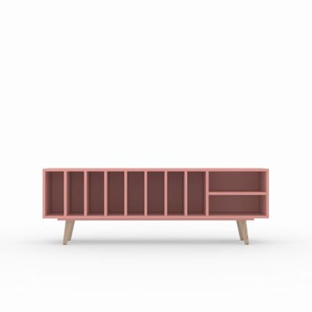 TV Schrank "SILENE", lackiert NCS 2030y90r Pink, Vinyl und Turntable skandinavisches Sideboard, 190 x 56 x 43 cm