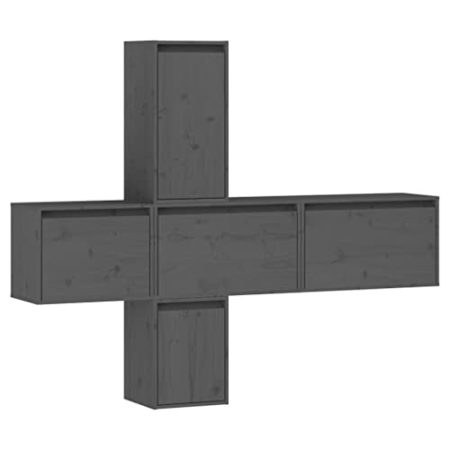 5 x TV-Schränke aus massivem Kiefernholz, zum Aufhängen, zur Wandmontage, schwebende Aufbewahrung, HiFi-Schrank-Set, Entertainment-Center, Wandregal, Honigbraun (Grau)