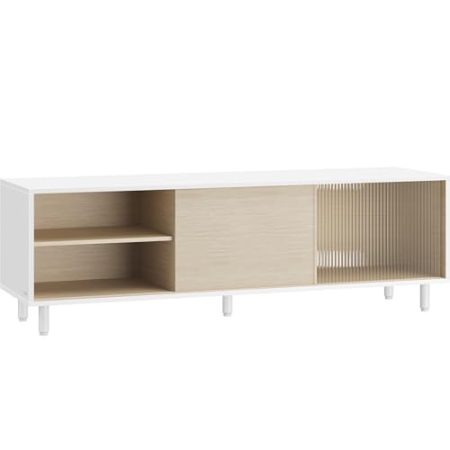 VASAGLE Superschnelle werkzeuglose Montage, TV-Schrank für Fernseher bis zu 60 Zoll, Fernsehtisch Wohnzimmer, Riffelglas, 140 x 39 x 45 cm, Toolless-Technologie, wolkenweiß-naturbeige LTV466W01