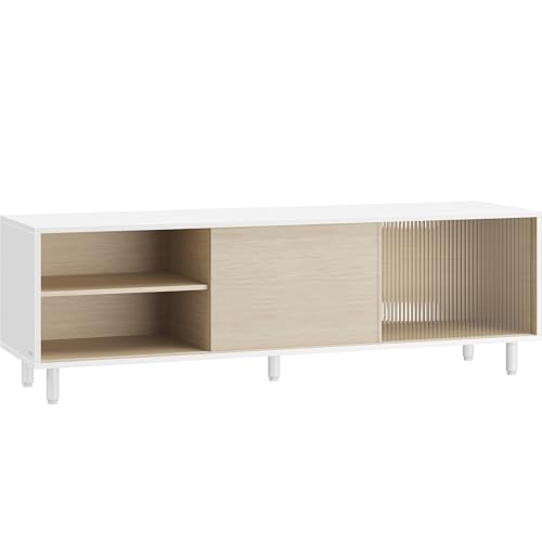 VASAGLE Superschnelle werkzeuglose Montage, TV-Schrank für Fernseher bis zu 60 Zoll, Fernsehtisch Wohnzimmer, Riffelglas, 140 x 39 x 45 cm, Toolless-Technologie, wolkenweiß-naturbeige LTV466W01