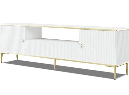 Homlando TV Schrank Petra 180 cm 2D1S - Moderner TV-Möbel mit mit gefräster Front Hochwertiges MDF- Lowboard mit Stauraum für Wohnzimmer Schlafzimmer - Goldene Metallbeine (Weiß Matt)