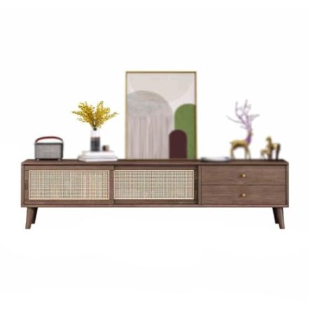 WTIWJY TV-Schrank mit Rattan, Lowboard Sideboard Fernsehschrank, Mit Schubladen TV-Medienkonsole, Home Entertainment Center für Wohnzimmer Schlafzimmer(Dark Brown,140x35cm/55.1x13.8in)