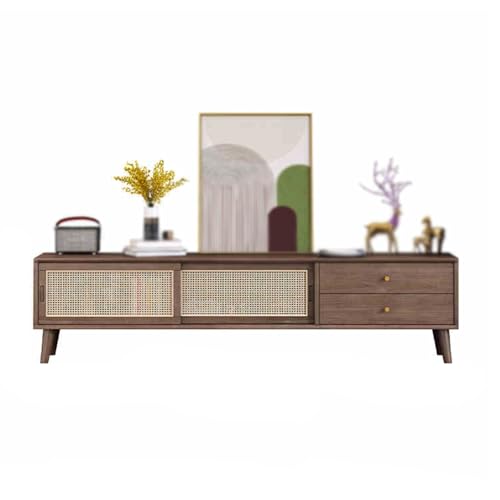 WTIWJY TV-Schrank mit Rattan, Lowboard Sideboard Fernsehschrank, Mit Schubladen TV-Medienkonsole, Home Entertainment Center für Wohnzimmer Schlafzimmer(Dark Brown,140x35cm/55.1x13.8in)