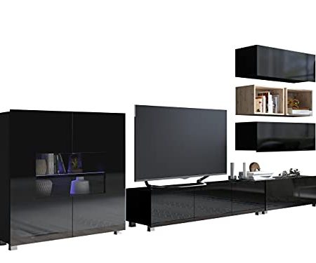 Wohnzimmer-Set Calabrini XXVIII, Fernsehschrank Wohnwand Anbauwand Mediawand TV Schrank Hängeschrank Wandregal Kommode (Schwarz/Schwarz Hochglanz + Eiche Artisan, mit Blauer LED Beleuchtung)