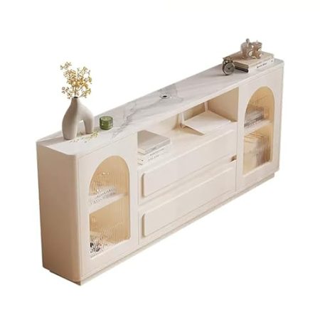 JIAOCKJIAO Weißer TV-Schrank, Hohe Fernsehtisch, mit Glastür, Fernsehschrank aus Felsplatte, mit Schubladen, TV Board mit Kabelloch, TV-Tisch for Wohnzimmer(55x10x27in/140x25x70cm)