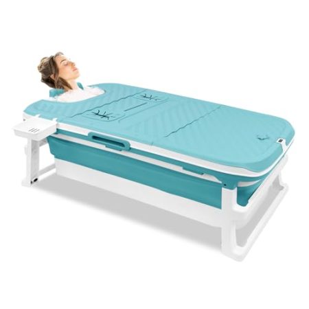 YRHome Klappbadewanne 149x64x54cm Faltbare Badewanne Erwachsene Neueste Mobile Faltbare Bathtub Kunststoffbadewanne Mit abnehmbar Abdeckung, Kopfstütze, Thermometer, Dampfanschluss und Massagerollen