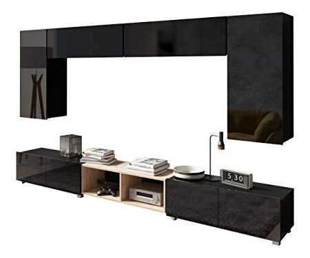 Wohnzimmer-Set Calabrini XXIII, Anbauwand Wohnwand Fernsehschrank Mediawand Hängeschrank, TV Schrank, Hängeschrank, Wandregal, Wohnzimmerschrank (Schwarz/Schwarz Hochglanz + Eiche Artisan)