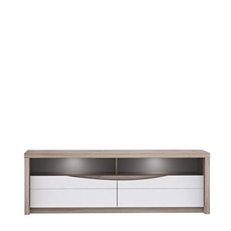 FORTE Saint Tropez TV-Unterschrank mit 2 Schubladen, Holzwerkstoff, Weiß Glanz kombiniert mit Sandeiche Dekor, 52,7 x 147,7 x 49,3 cm