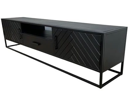 Indoortrend TV Lowboard 200 cm schwarz - TV Schrank mit Schublade - Sideboard Wohnzimmer Massivholz - Kommode Maße B: 200 x T: 40 x H: 50 cm