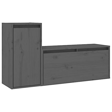 2X TV-Schränke aus massivem Kiefernholz für Zuhause, Innenbereich, Schlafzimmer, Wohnzimmer, HiFi-Schrank, Holz-TV-Ständer, Regal, Möbel, Honigbraun (Grau)