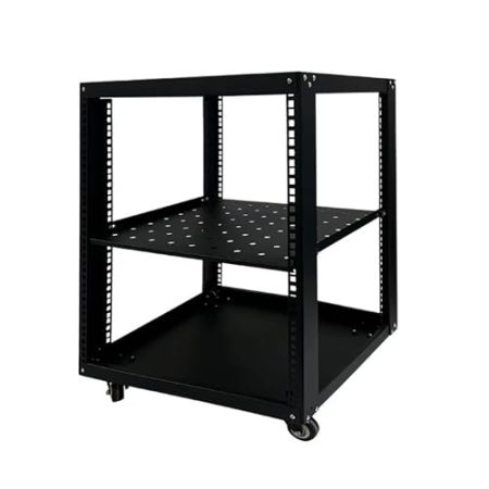 JIAOCKJIAO Audio Rack Hi Fi Regal aus Stahl, Phonoschrank mit Rädern, Höhenverstellbare Regale, Beweglicher Record Player Stand, Schwarzer Plattenspieler Regal(50x45x46cm)