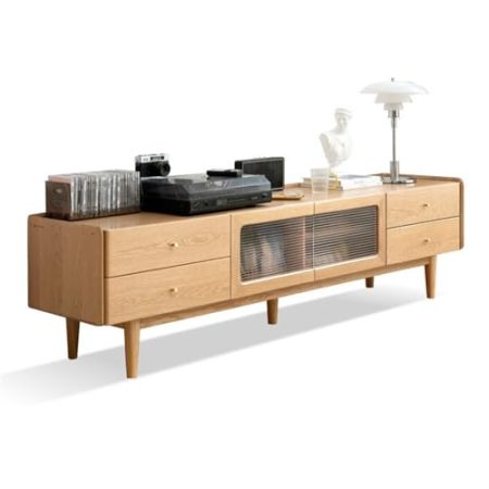 TV Lowboard Massivholz Fernseher Stand, Ash Entertainment Center mit 2 Schubladen und 2 Glastüren, einfache Moderne Medienkonsole -Protokollmöbel for Wohnzimmer TV Schrank (Color : Natural)
