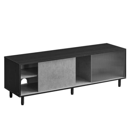 VASAGLE Superschnelle werkzeuglose Montage, TV-Schrank für Fernseher bis zu 60 Zoll, Fernsehtisch Wohnzimmer, Riffelglas, 140 x 39 x 45 cm, Toolless-Technologie, ebenholzschwarz-betongrau LTV466B04