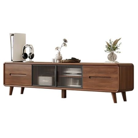 JIAOCKJIAO TV-Schrank, 160x34.5x45cm, Fernsehtisch Holz, mit Kabellöchern, TV Board mit 4 Schubladen, Lagerschränke mit Glastüren, Schrankbeine aus Massivholz, Tv Sideboard Wohnzimmer