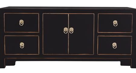 Fine Asianliving Chinesisches TV Lowboard Onyx Schwarz - Orientique Kollektion B106xT45xH46cm Chinesischer TV Schrank China Oriental Asiatique Fernsehschrank TV Regal TV Tisch TV Möbel TV Board