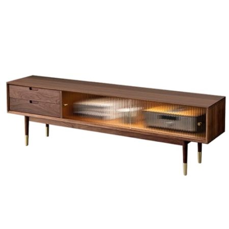 HOLGVE TV Schrank, Walnuss Fernsehtisch for Wohnzimmer, TV Lowboard, Fernsehschrank mit LED-Licht mit Gehärtetem Glas Schiebetüren TV-Schrank
