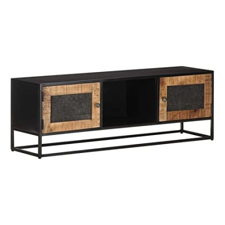ZYMEN TV-Schrank im Industriestil, 120 x 30 x 40 cm, Mangoholz. Die Tür verfügt über EIN handgeschnitztes Design Commemoration Day