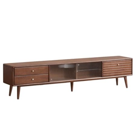 HOLGVE TV Schrank, Fernsehtisch Aus Massivholz, Glasschiebetür + Doppelschublade, Entertainment-Center, TV-Schrank In Walnussfarbe, Fernsehschrank for Wohnzimmer Und Schlafzimmer