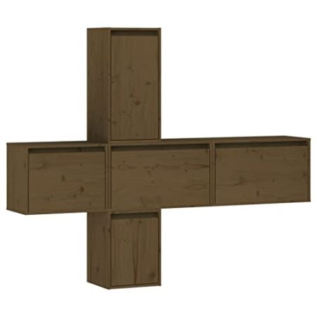 GaRcan 5 x TV-Schränke aus massivem Kiefernholz, zum Aufhängen, zur Wandmontage, schwebende Aufbewahrung, HiFi-Schrank-Set, Entertainment-Center, Wandregal, Honigbraun (Honigbraun)