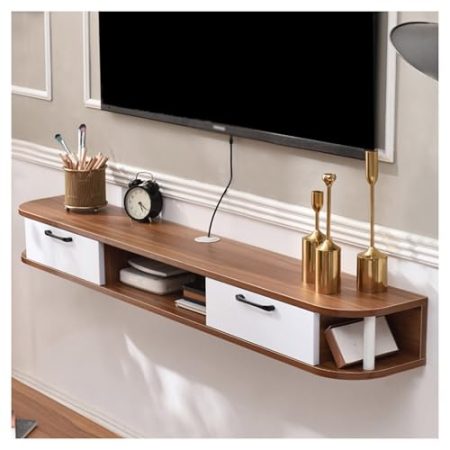 FCYNNV TV Schrank Schwebender TV-Ständer, hölzerne wandmontierte TV-Schränke mit Kabelführungsloch, hängender TV-Schrank für kleine Schlafzimmerwohnungen (Braun + Weiß, 120 x 24 x 16 cm)