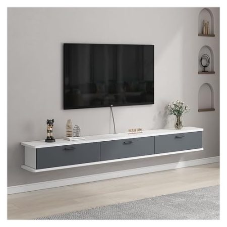 Generisch Schwebender TV-Ständer, wandmontiertes Entertainment-Center und Schrankregal, TV-Konsole mit Stauraum, platzsparende Medienkonsole für Schlafzimmer, Wohnzimmer (Weiß + Grau, 200 cm)