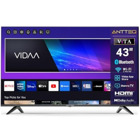 Antteq Vita Series Smart TV 43 Zoll (109cm) Fernseher,FHD,Vidaa OS,App Store,Bluetooth Control,Netflix/Prime Video/DAZN/UVM,WiFi,Triple Tuner(DVB-T2/S2/C),Hotelmodus,V43-AF3Q1-BT,2025